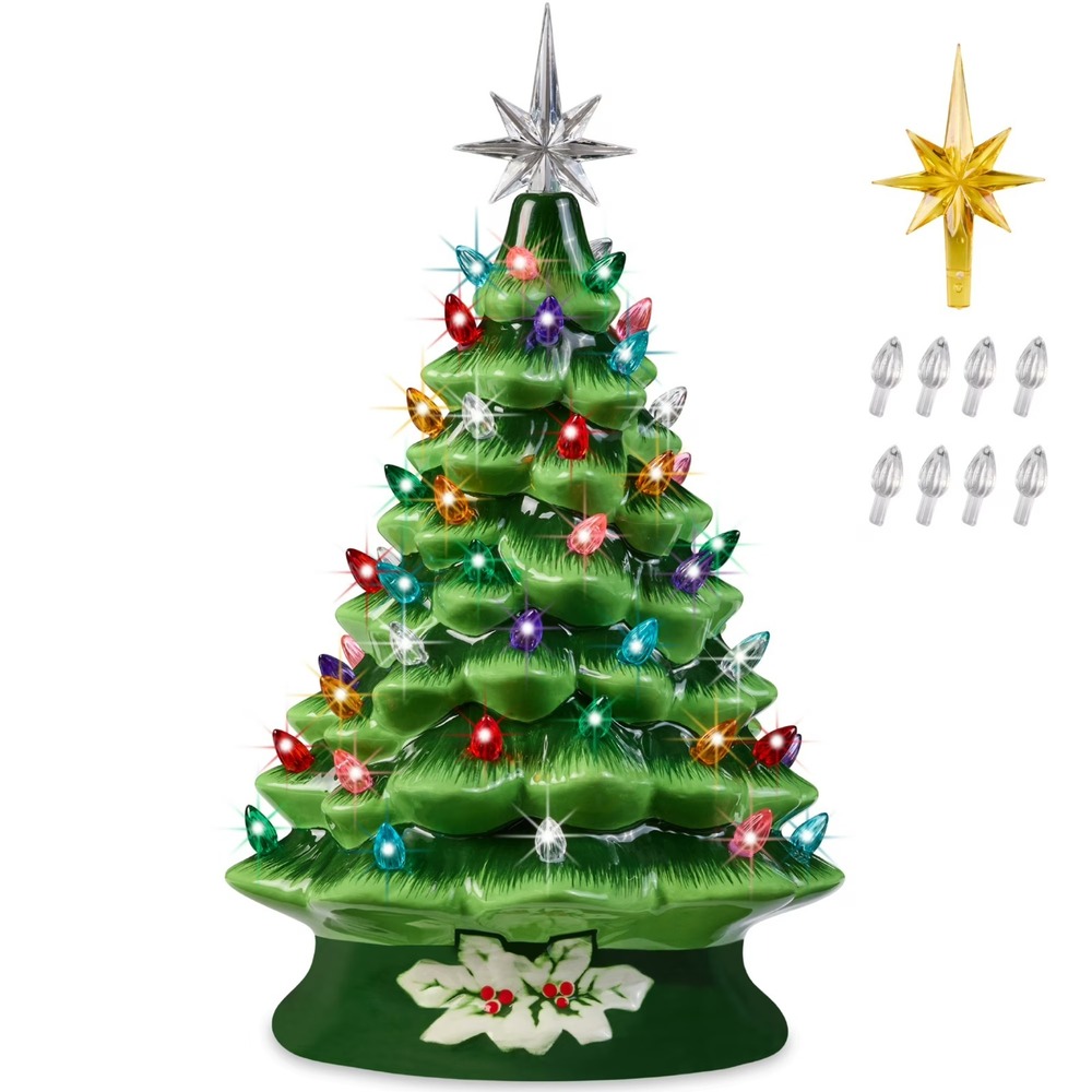 15" Hand Painted Ceramic Green Christmas Tree Pre-Lit 128 White/Multi Lights